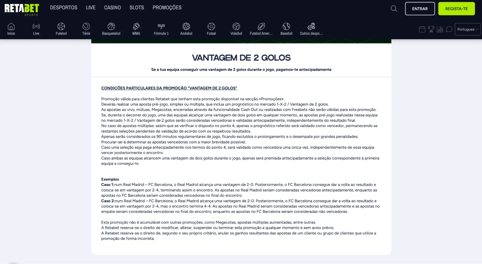 Promoções Retabet Portugal – Vantagem de 2 Golos