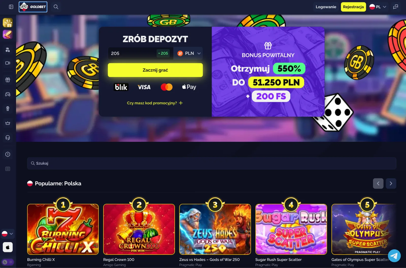 Goldbet Casino Polska – strona główna z bonusem 550% do 51 250 PLN i 200 Free Spins