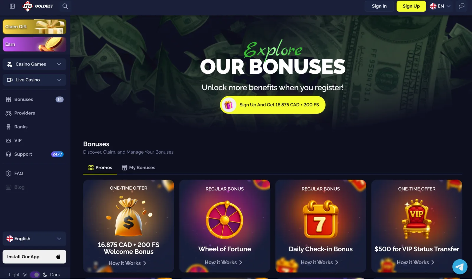 Goldbet.io Casino Bonuses