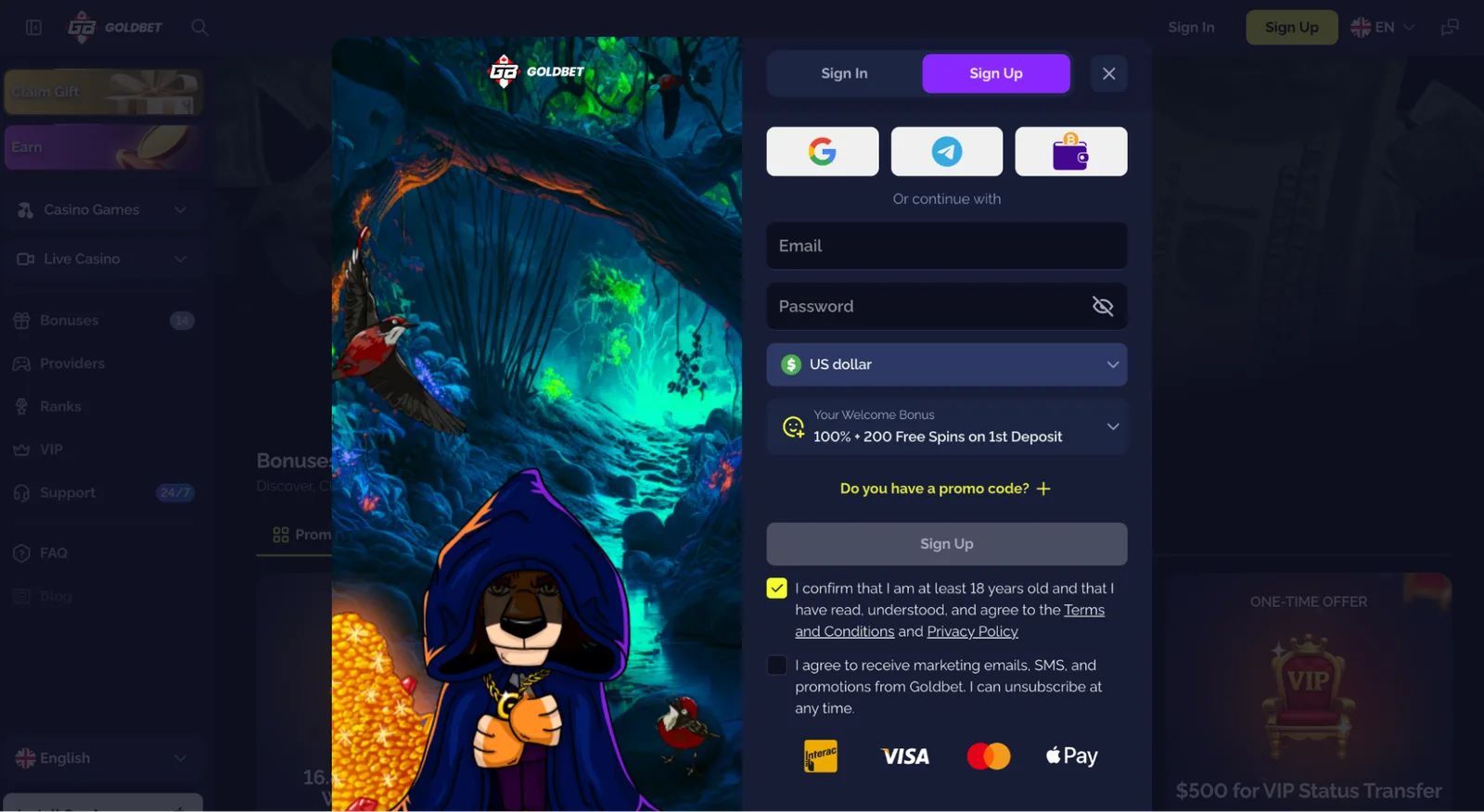 Goldbet.io FAQ explaining where to enter a casino promo code