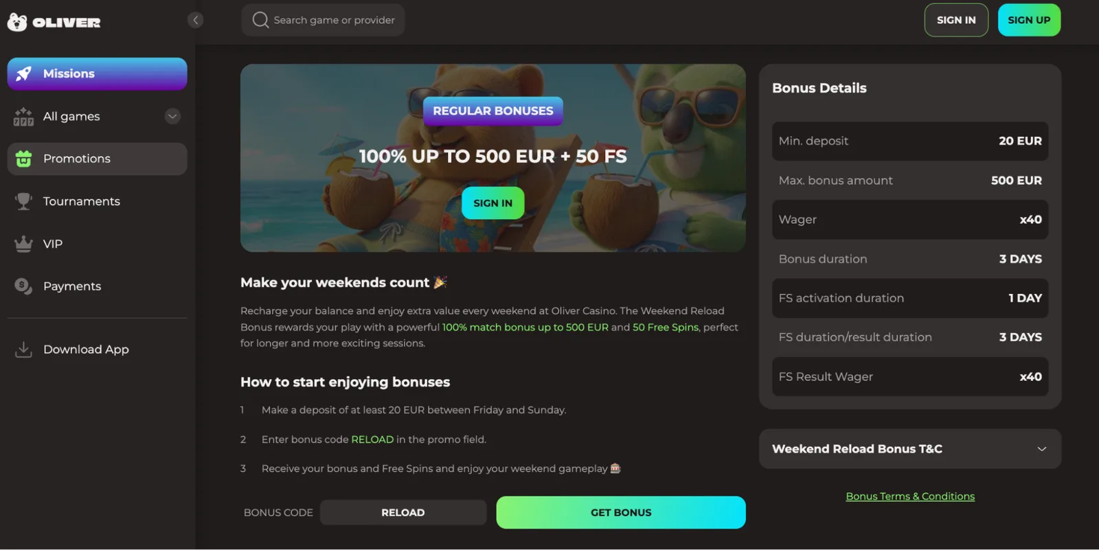 Oliver Casino Monday free spins bonus code MONDAY and 45x wagering