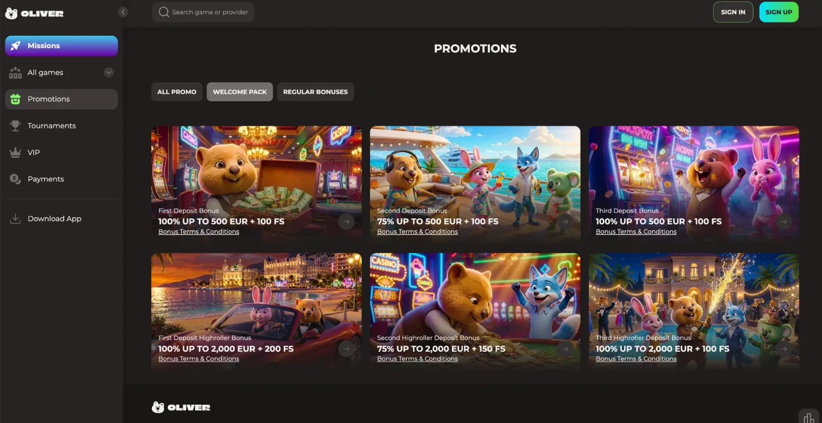 Current Oliver Casino bonuses and promo codes verified in September 2026