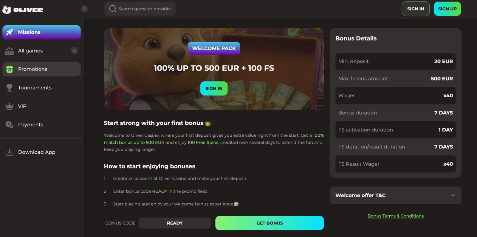 Oliver Casino Welcome bonuses - First Deposit Bonus, Second Deposit Bonus, Third Deposit Bonus