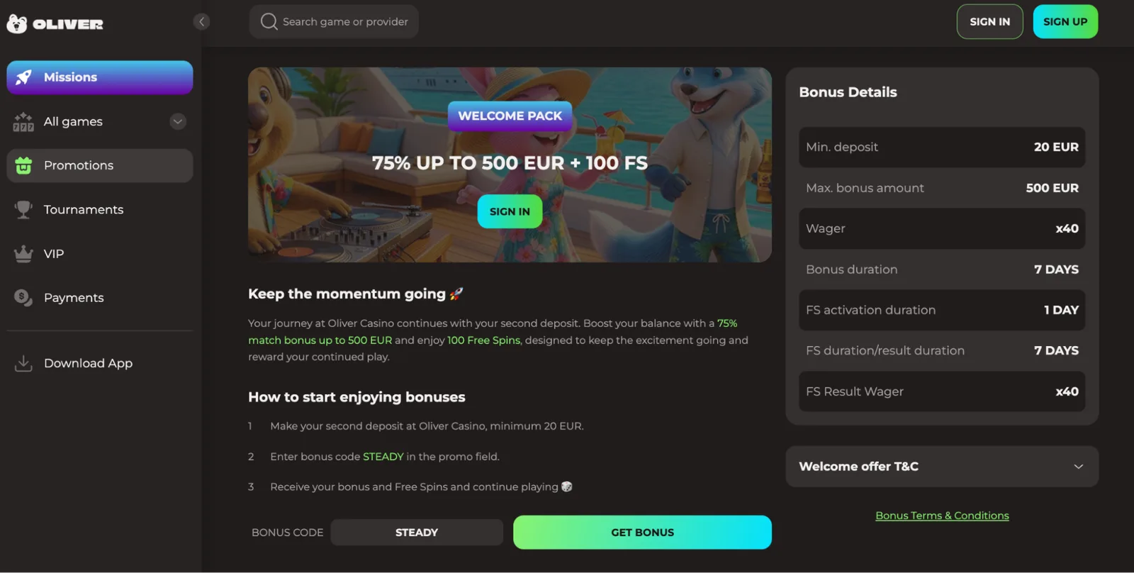 Oliver Casino first deposit bonus code READY with 100 free spins