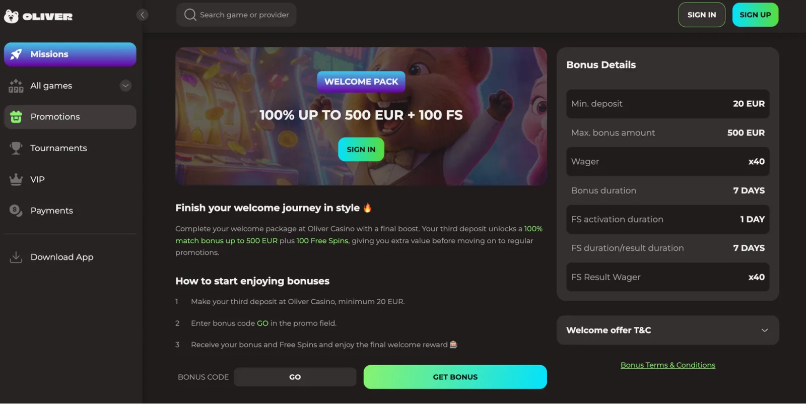Oliver Casino second deposit bonus code STEADY with 100 free spins