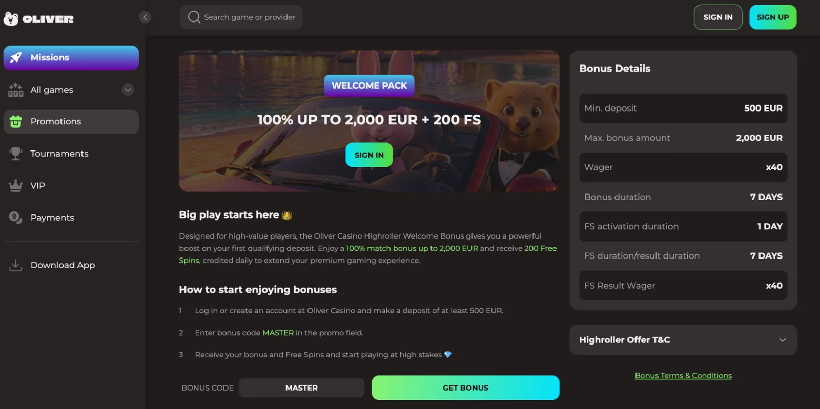 Oliver Casino second deposit bonus code GO with 100 free spins
