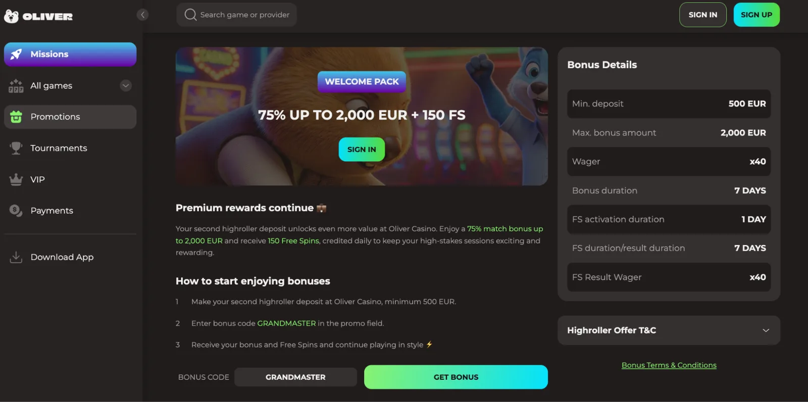 Oliver Casino welcome bonuses for the first three deposits