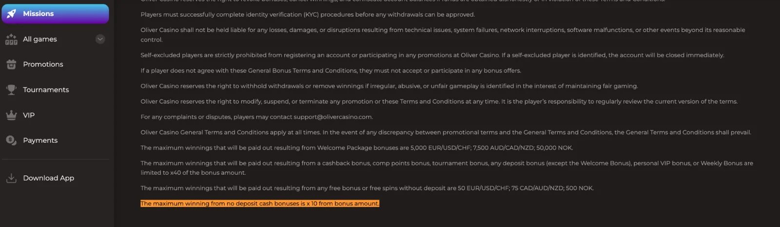 Oliver Casino no deposit bonus rules and maximum winnings in official Bonus Terms
