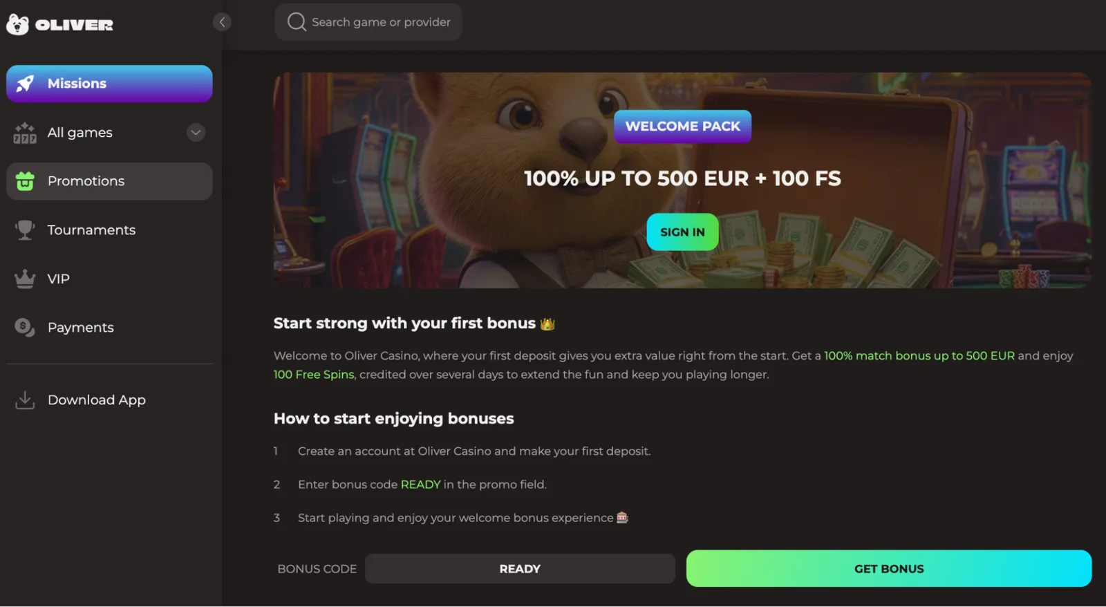 Oliver Casino no deposit bonus terms confirmed and unconfirmed